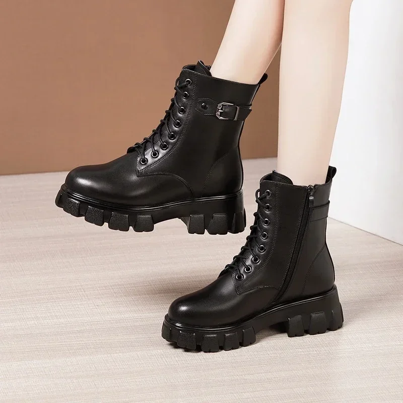 5cm Fashion Fall Winther Thick Bottom Genuine Leather Boots Platform Shoes with Fur 2024 Womens Med Square Heels Ankle Boots Mom