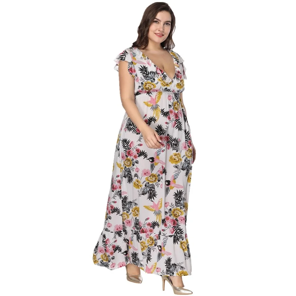 Plus Size Short Sleeve V Neck Floral Print Maxi Long Beach Dresses For Women