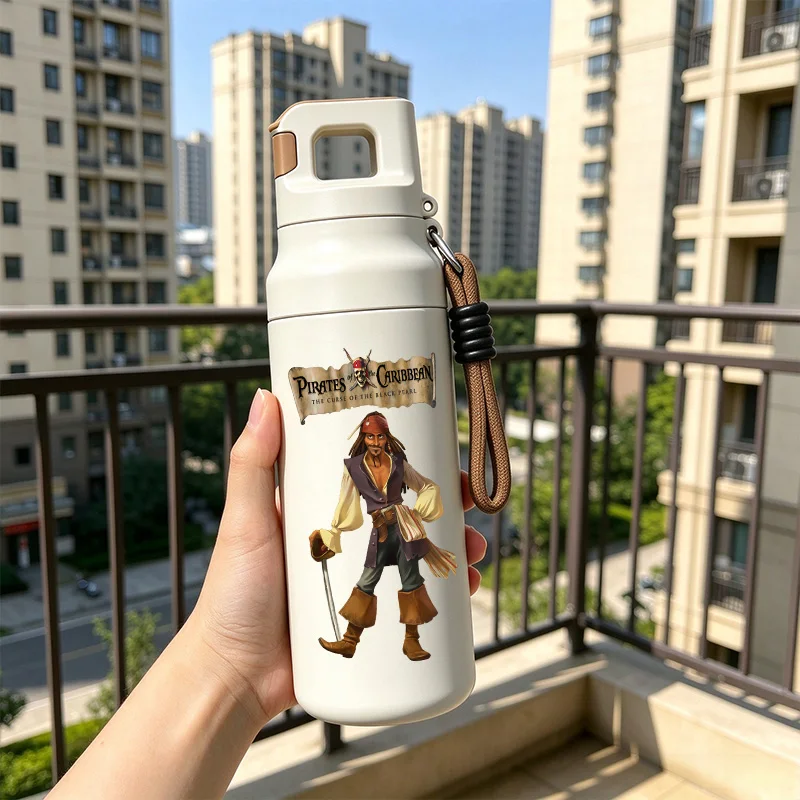 Pirates of The Caribbean 580ml Vacuum Insulated Water Bottle StainlessSteel Thermos with Lanyard Leakproof Tumbler Movie FanGift
