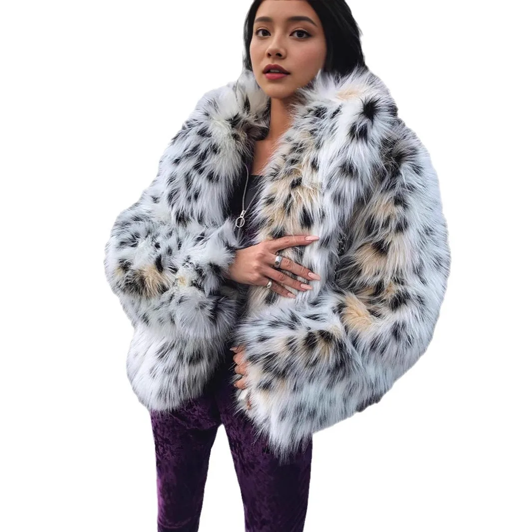 Chic Winter Women Mink Fur Jacket Leopard Print Furry Collar Artificial Fur Outwear For Lady Slouchy Long Hair Female Fur Coat