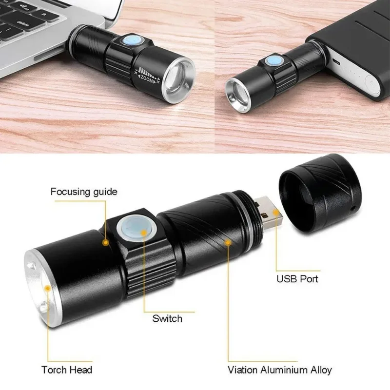 USB Built-in battery Rechargeable lasting lighting Q5 3 modes mini Zoom Light flash Waterproof Tactical Camping Bike light