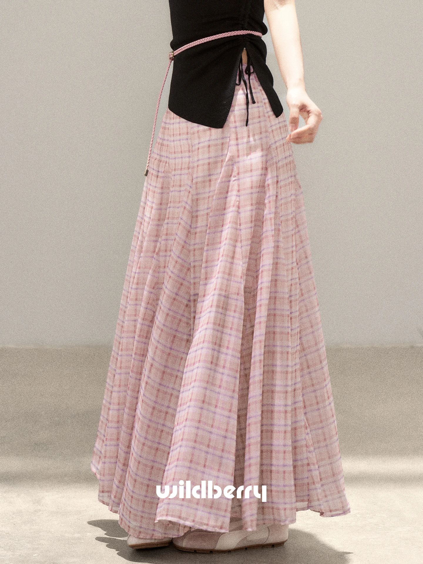 High Waist A-Line  Skirt Women's Pink Plaid Summer New Style Slimming Long Skirt Commute Korean Style Standard Fit