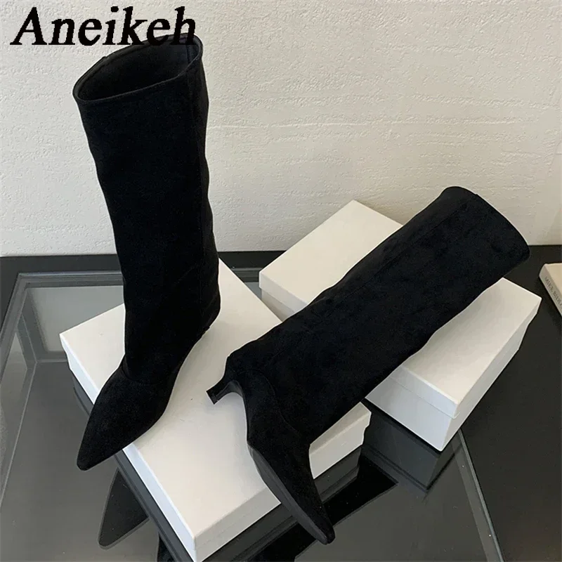 Aneikeh outono inverno apontou toe na altura do joelho botas sapatos mulher 2025 tendência designer vintage fino sapatos de salto baixo botas modernas