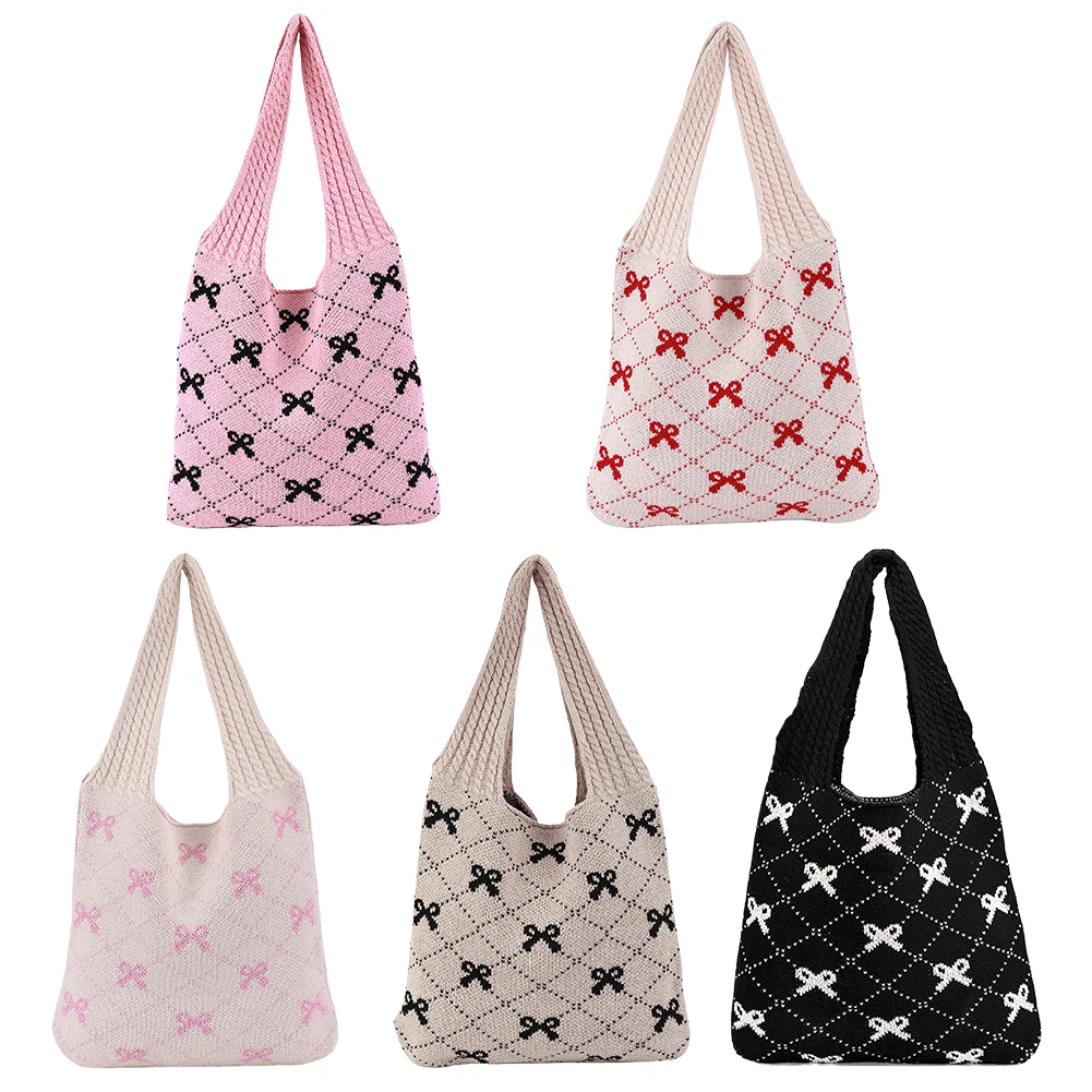 

Women Crochet Tote Handbag Large Capacity Crochet Bag Contrast Color Travel Shopping Handbag Ladies Daily Handbag
