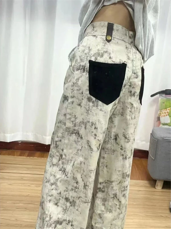 

Ретро джинсы в стиле High Street с эффектом тай-дай, женские свободные брюки в пол, прямые штанины, удобные, красивые, с высокой талией