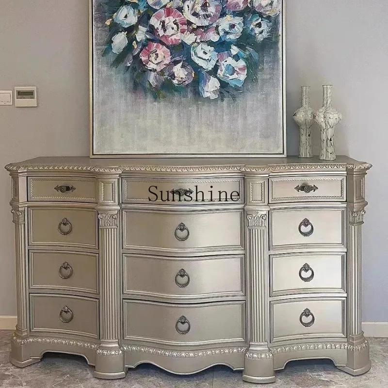 

American solid wood furniture dresser retro and old carved chest, bedroom storage
