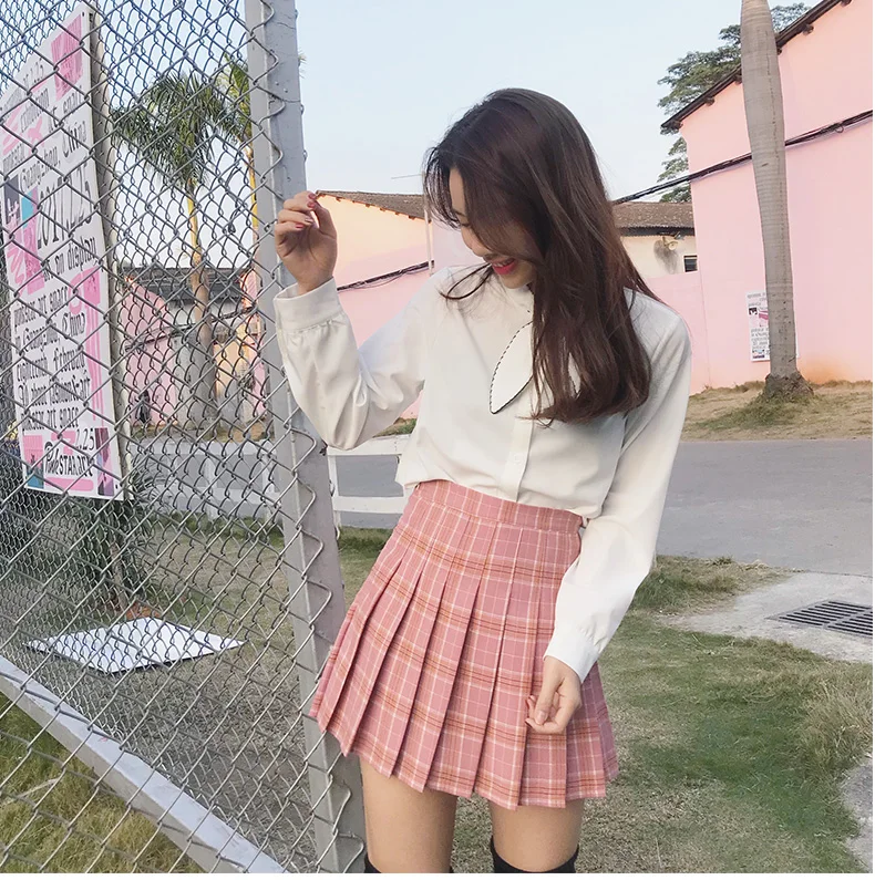 Pleated Skirt Female Student Korean Style Spring Summer Y2k New High Waist Slimming College Style A- Line Pink Plaid Skirt Women