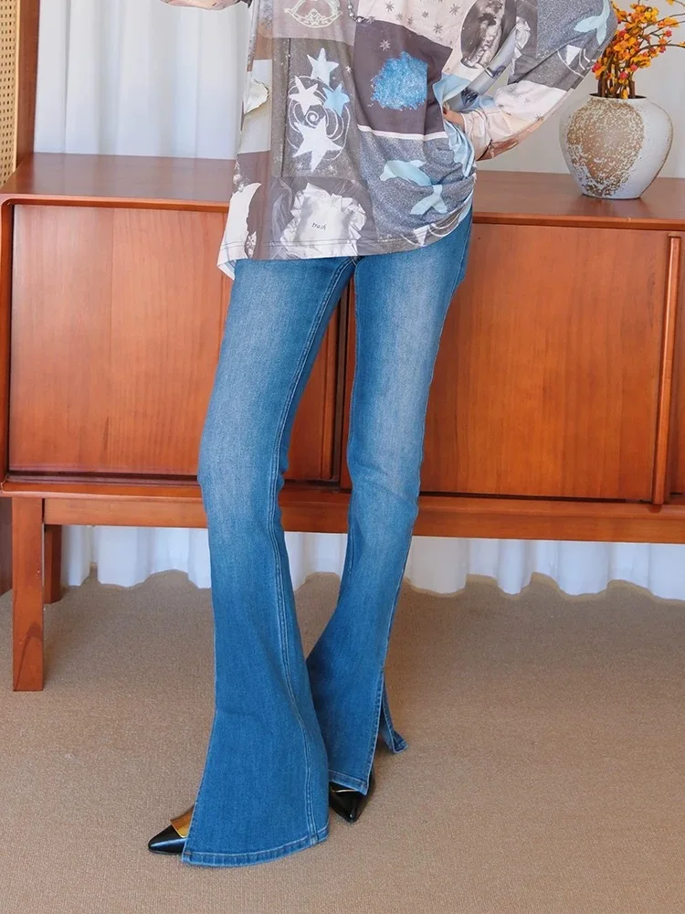 2026 New Vintage High-Waist Blue Washed Micro-Ruffle Denim Pants for Women - Slim-Fitting, With Ankle Holes, Denim Long Pants