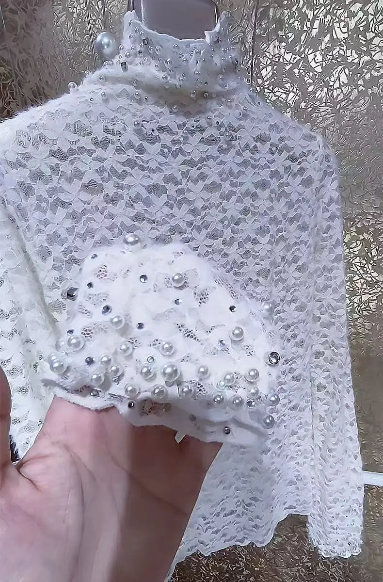 Pears Beaded Stitch Lace Embroidery Shirts and Blouses Women\'s Thin Off White Lace Bottoming Top Blusas Woman Clothes