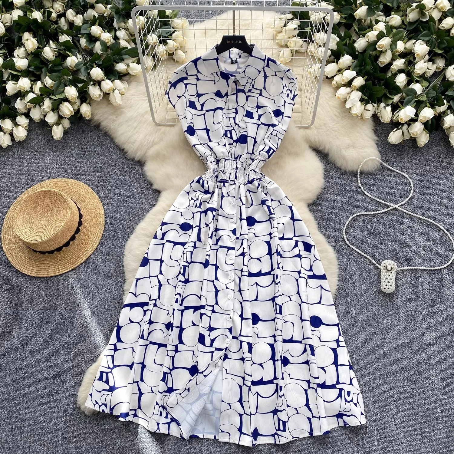 

Summer Runway Turn Down Neck Block color Shirt Dress Women's Sleeveless Single Breasted High Elastic Waist Party Robe Vestido