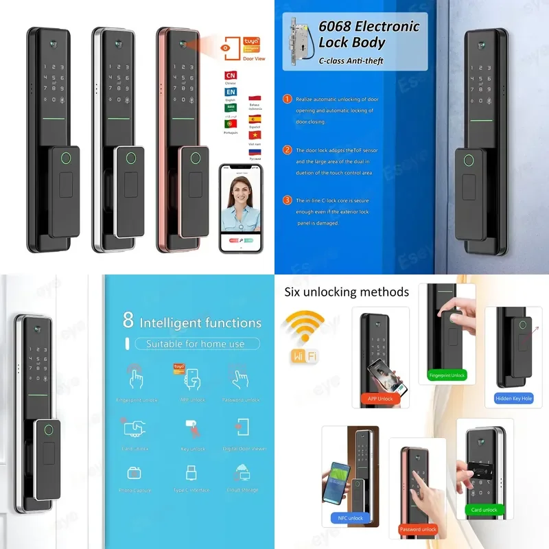 Tuya App Remote Control WiFi Smart Door Lock with Camera NFC Automatic Electronic Mortise Lock 6068 Code Entry