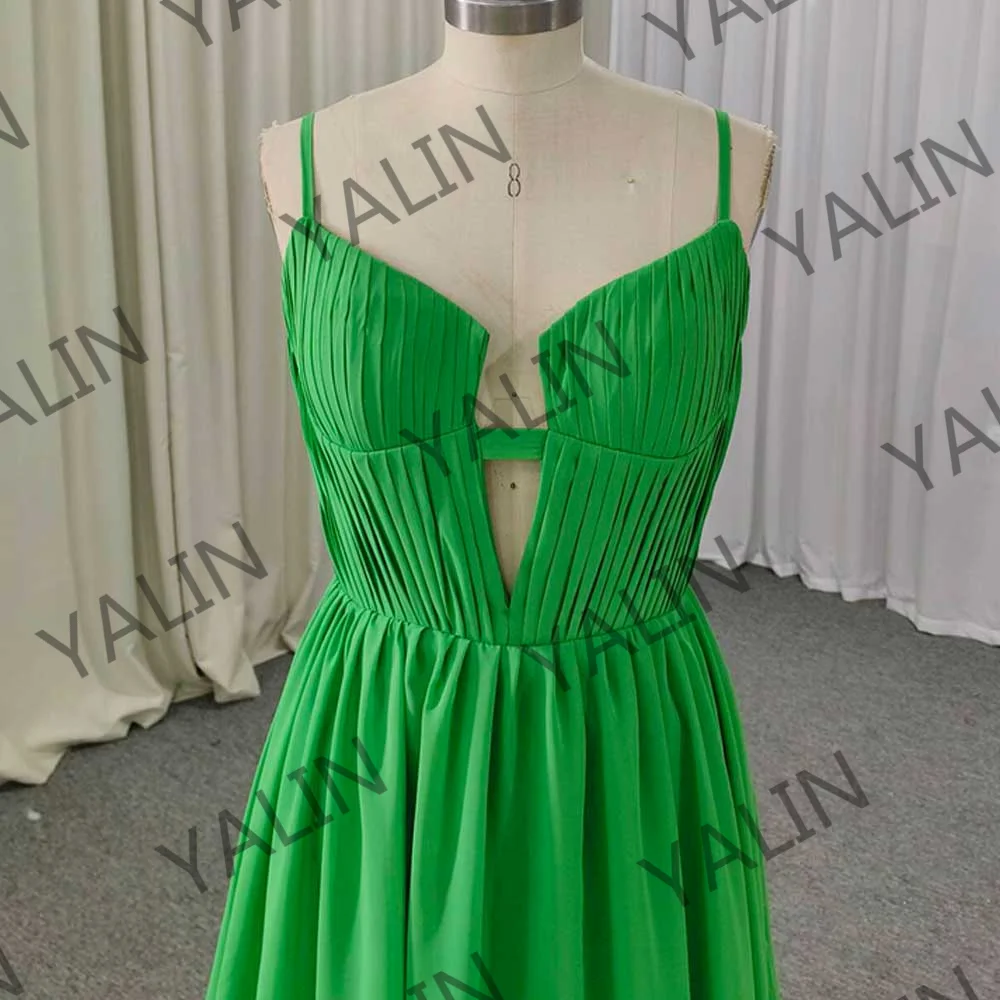 Customized Simple Silk-Like es Floor Length V-Neck Pleated A-Line Graduation Gowns Hollow Out Spaghetti Strap Evening Dress