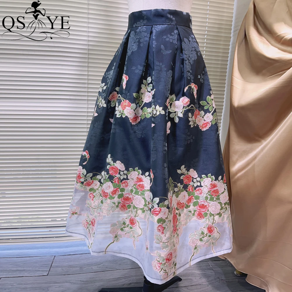 Fade Navy Organza Flowers A line Overskirt Colorful Women Overlay White Bottom Evening Skirt Long Box Pleated Maxi Party Dress