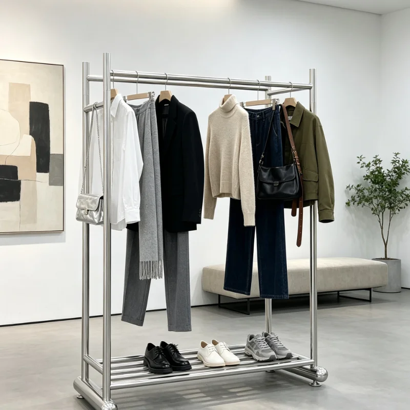 Multifunctional Double Rod Garment Rack Stainless Steel Clothing Organizer With Shoe Shelf Heavy Duty Drying Rack For Bedroom La