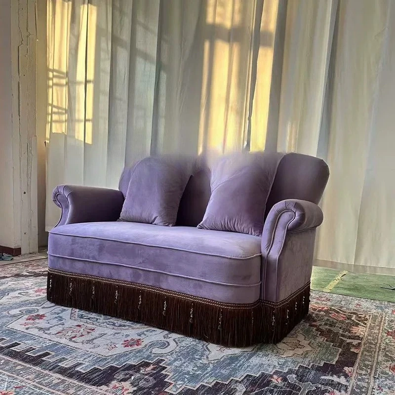 French retro velvet three-person sofa small apartment purple living room American buckle fabric sofa designer