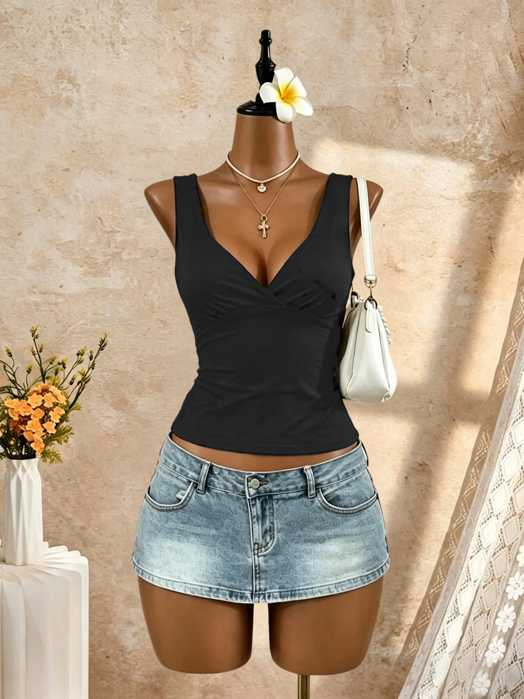 Damen-Tanktop mit breiten Trägern, tiefem V-Ausschnitt, Wickeloptik, offenem Rücken, zum Binden, einfarbig, schmal geschnitten, kurz geschnitten, ärmellos, Camisole