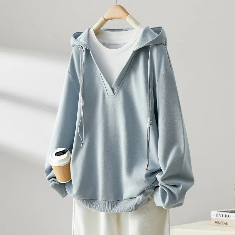 

Women Spring Autumn Korean New Hooded Collar Pullover Fashion Design Fake 2-piece T-shirt Loose Large Versatile Long Sleeve Tops