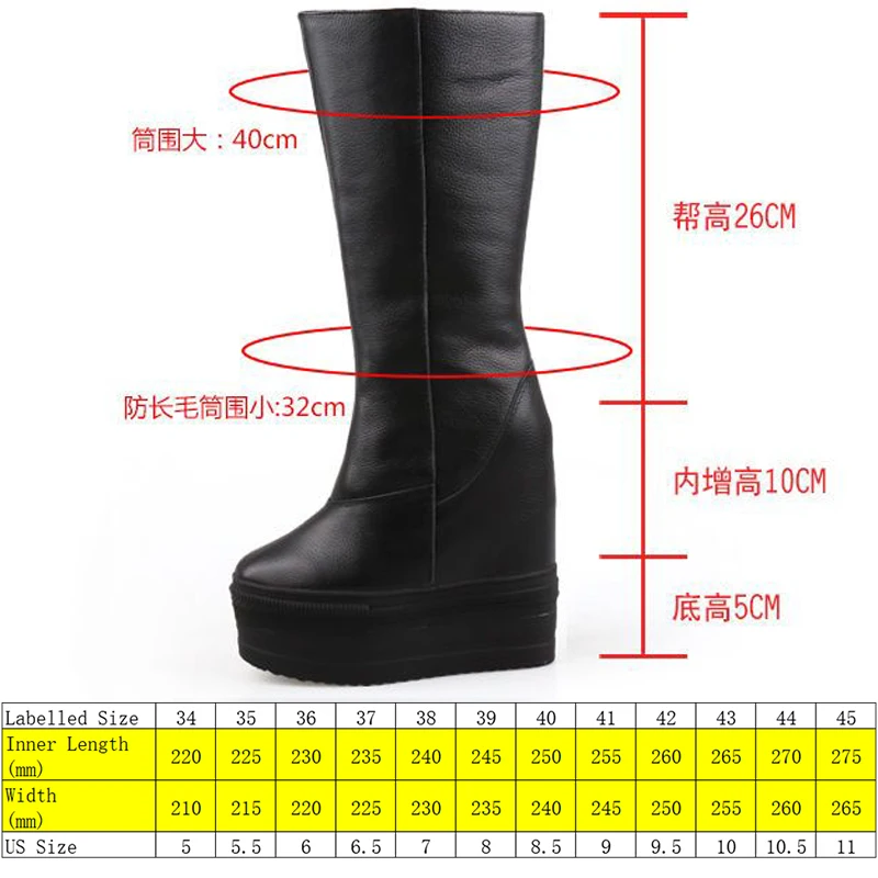 Fujin 15cm Cow Genuine Leather Women Boots Mid Calf Knee High Platform Hidden Heels Plush Winter Boots Autumn Wedge Warm Shoes