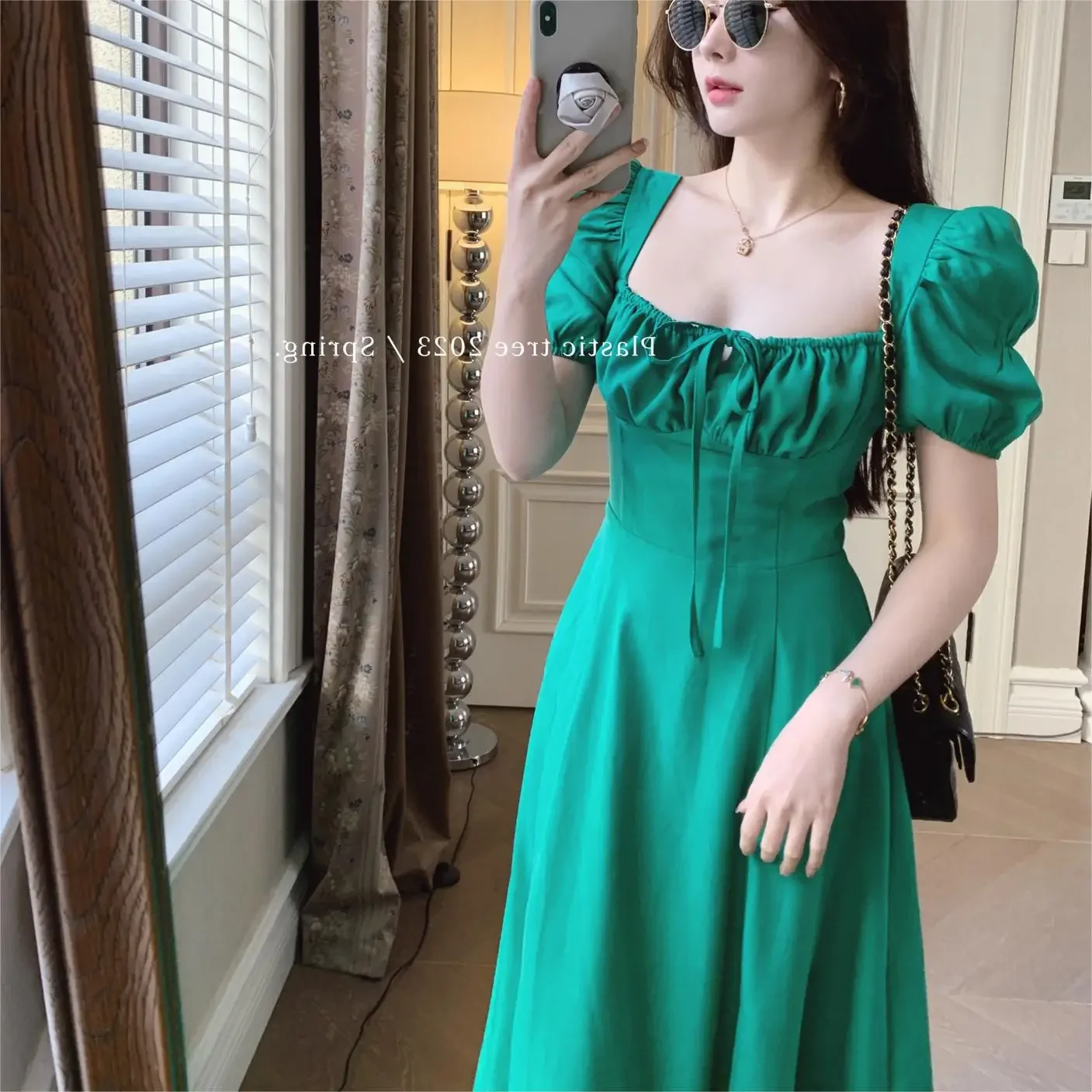 Summer New Fashion French Sexy Artistic Green Square Collar Long Dress Shocking Absolute Gown With Fragments Of Flowers