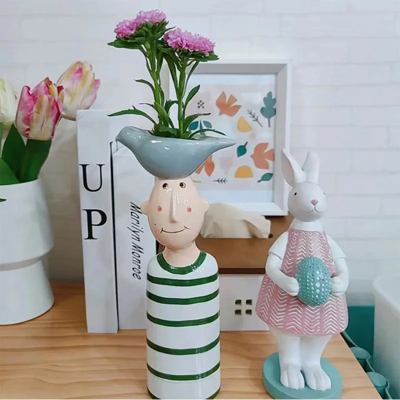 Cartoon Couple Figurine Ceramic Vase Creative Character Head Flower Pot Ins Home Desktop Dried Flower Decor Ornament