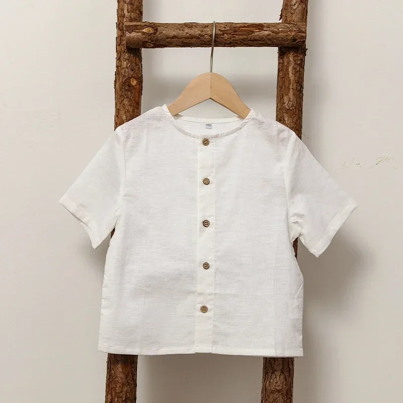 Boys Cotton And Linen Short-Sleeved White Shirt Summer New Children\'s Casual Loose Single-Breasted Linen Shirts Kids Tops TZ437