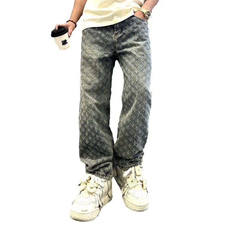 Jacquard Pattern Denim Pants Male Straight Fitting Baggy Bottoms Distressed Wide Jeans For Men