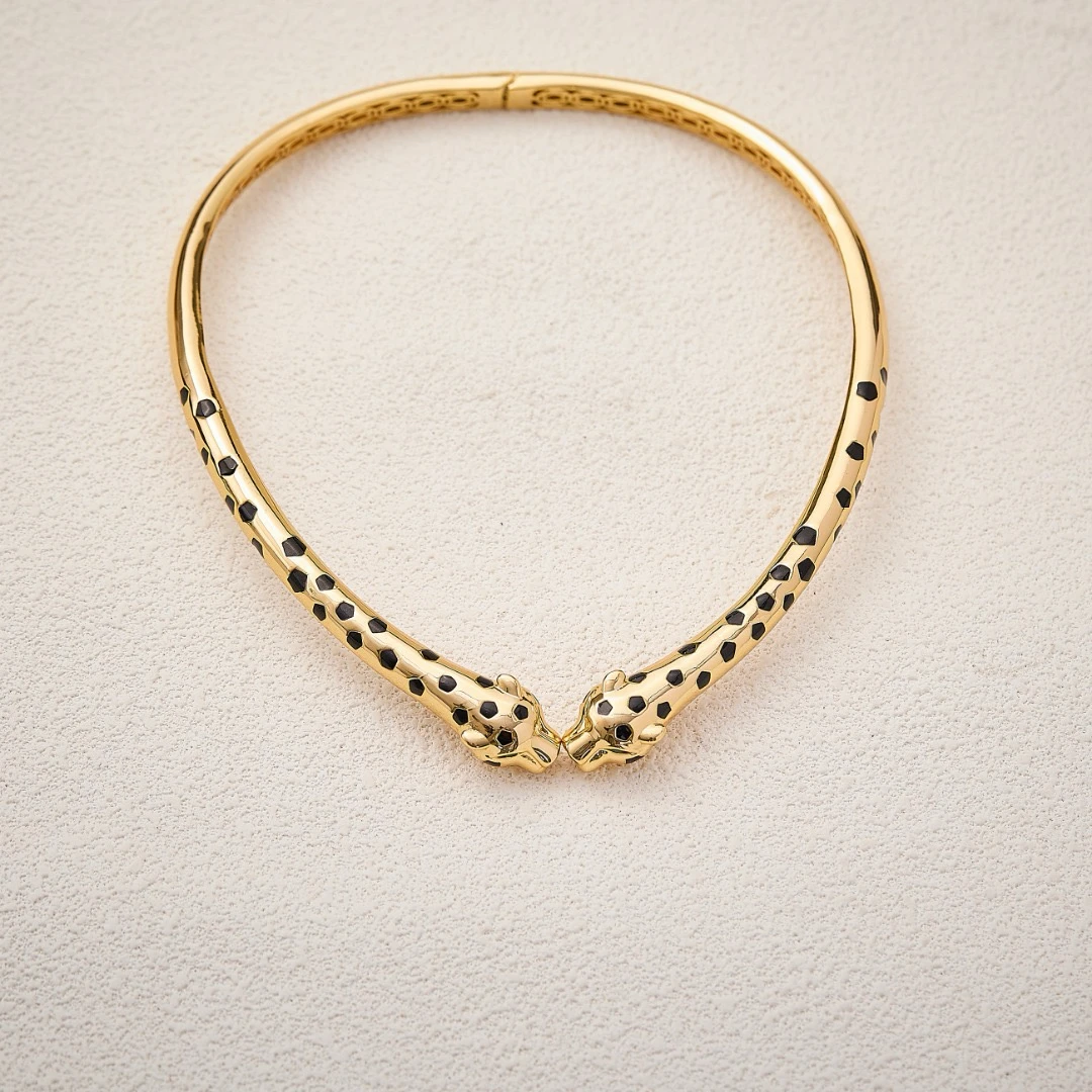 AY مجموعة مجوهرات الأزياء الفاخرة قطرة النفط الأسود اثنين رئيس ليوبارد المختنق قلادة الإسورة للنساء حفل زفاف مجوهرات هدية #3