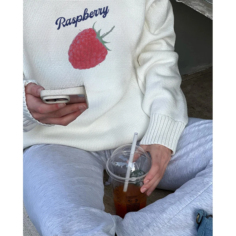 سترة نسائية لخريف 2025 مطبوعة بالفراولة سترة محبوكة Y2k موضة فضفاضة غير رسمية بلوفرات حلوة ملابس خروج كلاسيكية من الجرونج #3