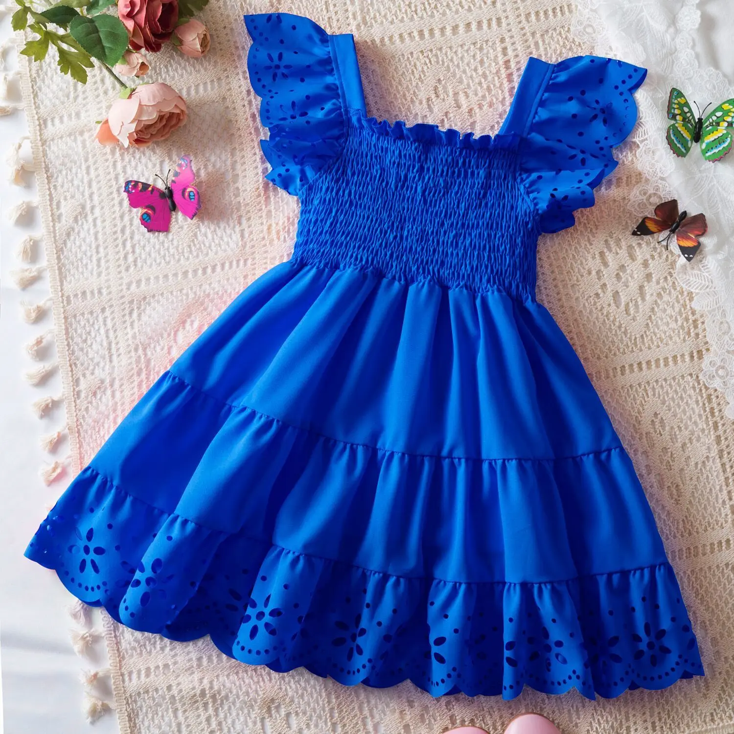 2025 New summer girls' dress solid color short sleeve lace princess skirt flying sleeve ruffled dress 1-6 Years Old
