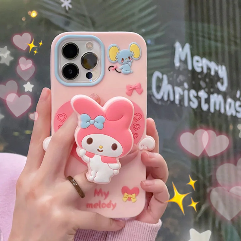 Cartoon Cute My Melody Press Bracket Phone Case for IPhone 15 14 13 12 11 Pro Max Drop-resistant Soft Silicone Back Cover