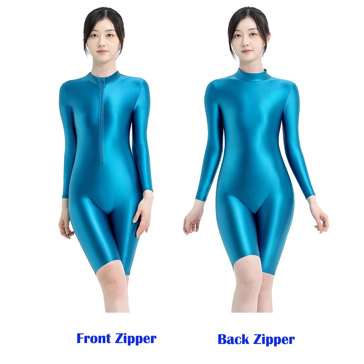 MJINM للجنسين الزيتية بريق دنة عالية تمتد ملابس السباحة رياضة اليوغا تدريب القوة الركبة طول رياضي بذلة ارتداءها Catsuit #2