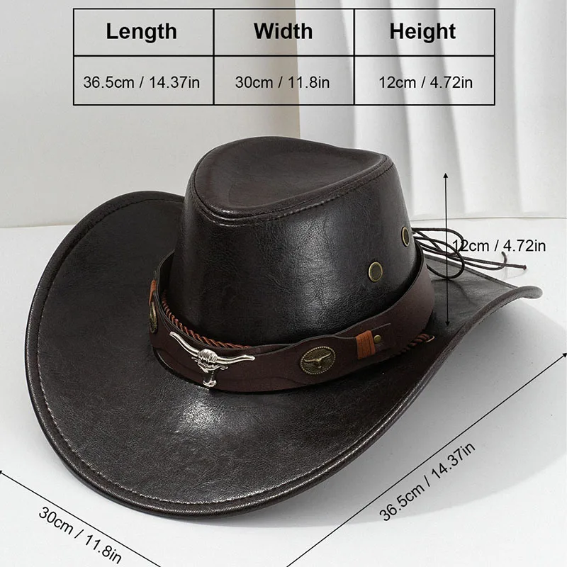 Vintage Faux Leather Classic Wide Brim Cowboy Hat Bullhead Decor Outdoor Sun Shield Hat Men Women Western Style Cowgirl Jazz Cap