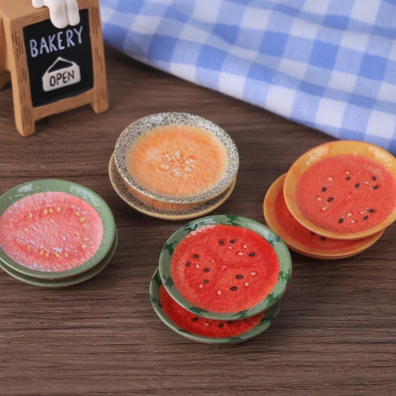 4 piezas de platos pequeños en miniatura con forma de sandía y melón Hami para decoración de resina DIY
