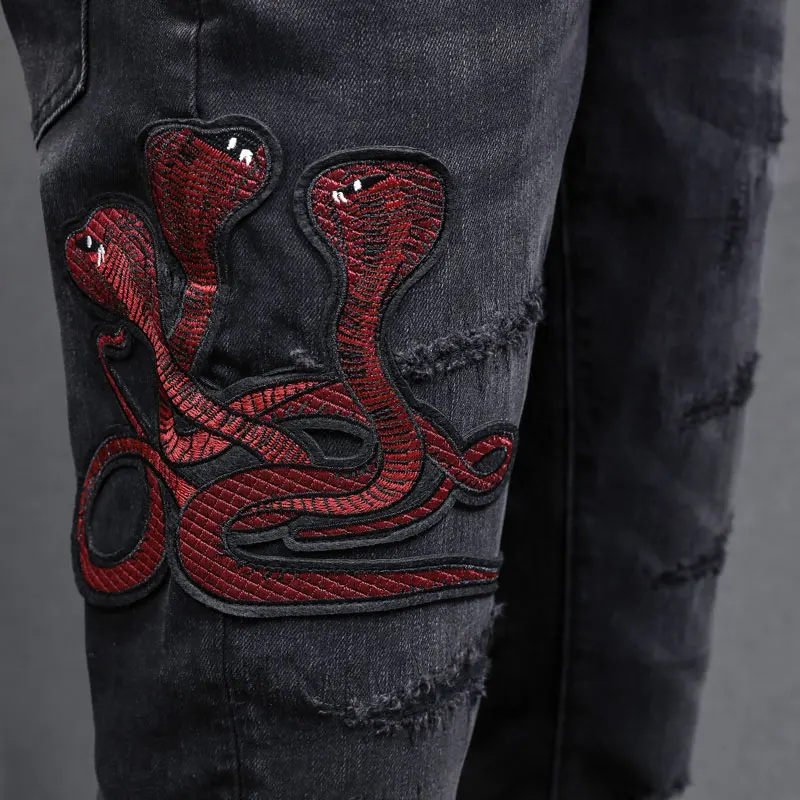 High Street Fashion Men Jeans Retro Black Gray Stretch Skinny Fit Ripped Jeans Men Embroidery Designer Hip Hop Brand Denim Pants