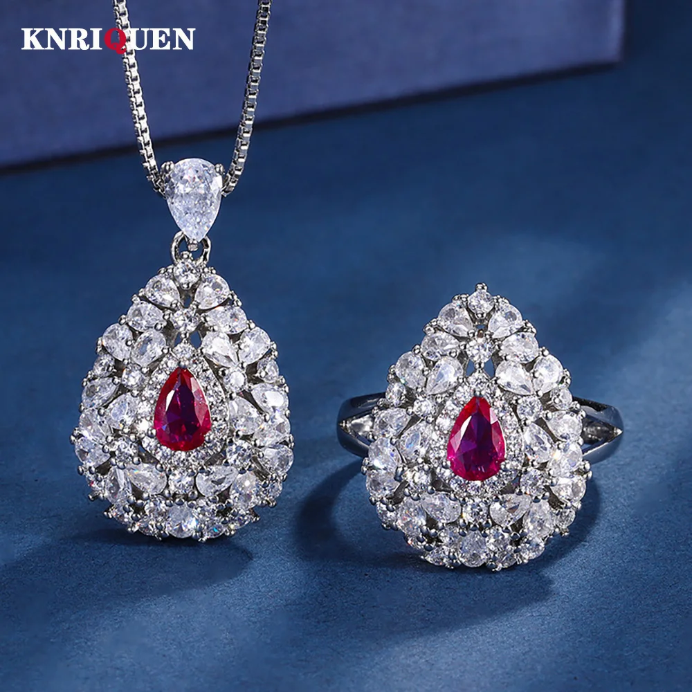 

Luxury 4*6mm Water Drop Ruby Pendant Necklace Rings for Women Full Lab Diamond Gemstone Wedding Party Jewelry Sets Female Gift