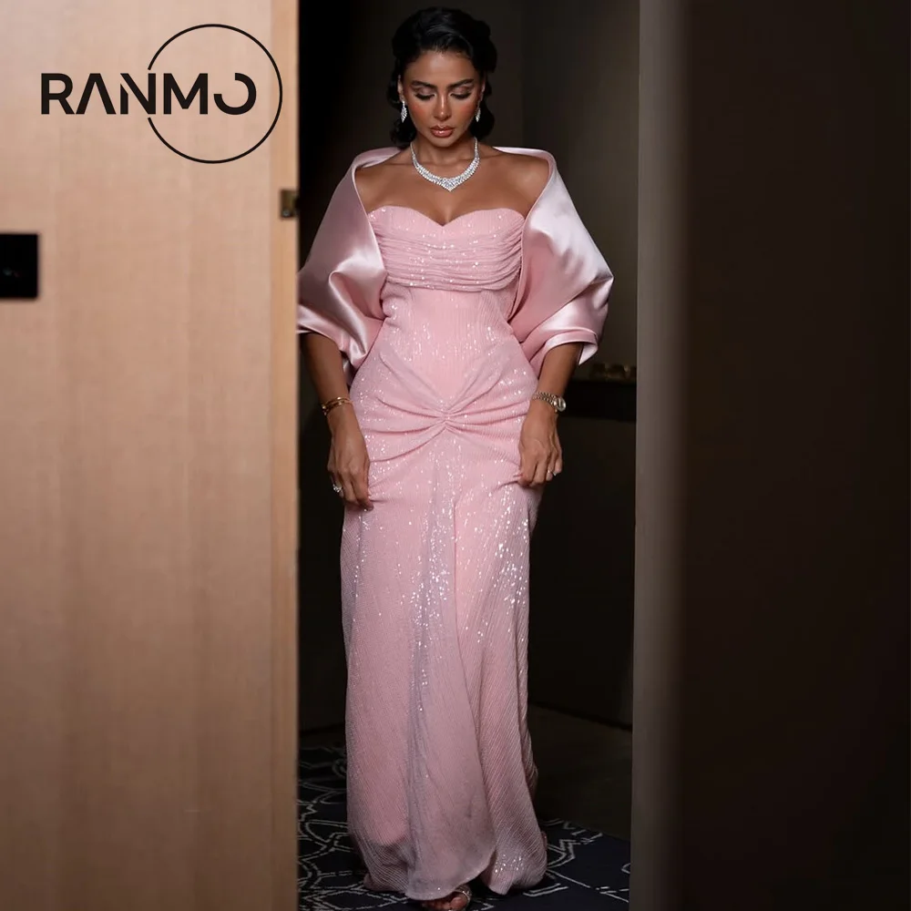 

Ranmo Customized Baby Pink Gorgeous Evening Dress Snap Shoulder V Neck Arabian Women Sequins Beaded Pleated Fishtail Prom Dresse