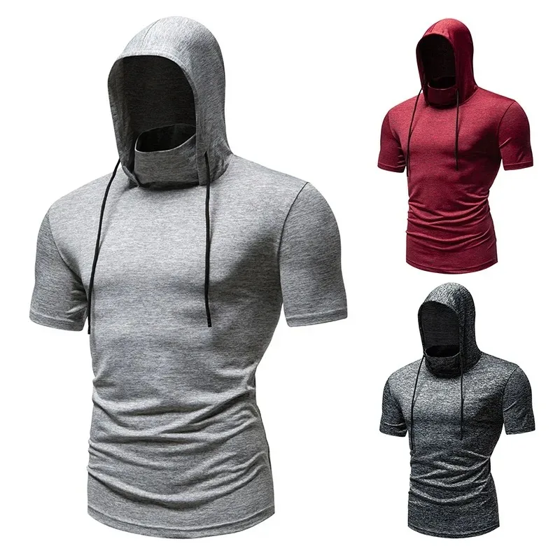 3 Colors! 2024 Summer New Men's Fitness Running Cycling Hooded Short Sleeved T-shirt Man Clothes