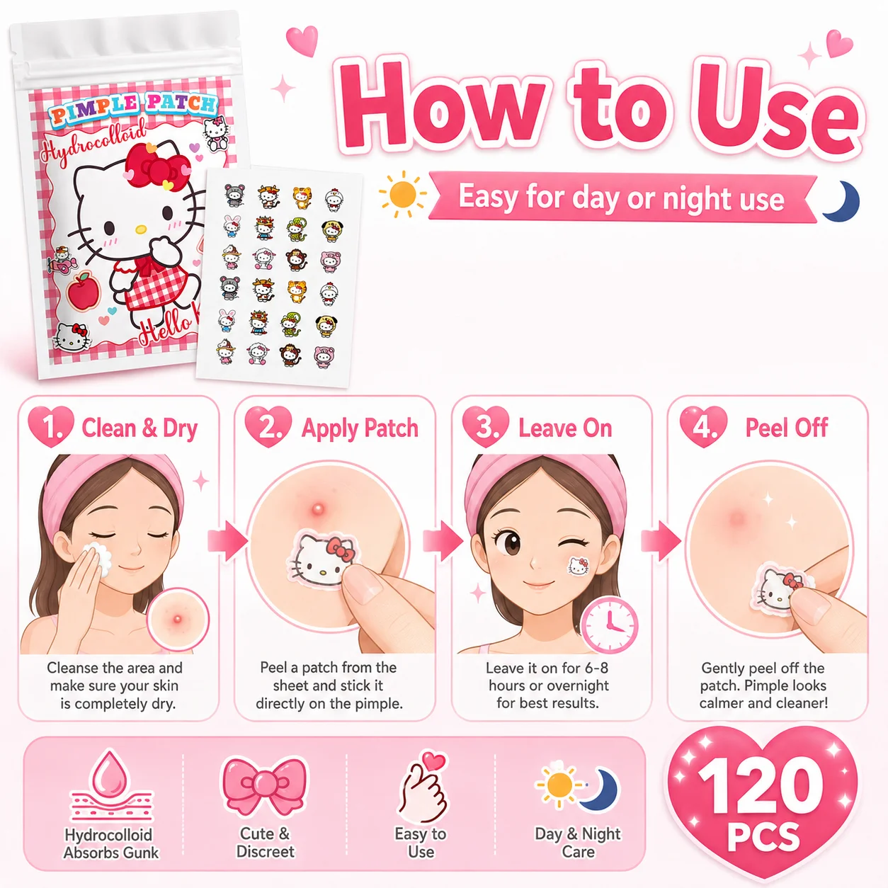 120PCS hello kitty Acne patches, facial acne patches, hydrogel acne removal patches, concealer view 5
