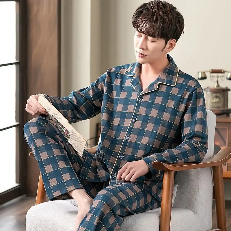 Plaid Men Pyjamas Fall and Winter Imitation Cotton Long Sleeve Plus Size Striped Cardigan Top Trousers Sleepwear Homewear