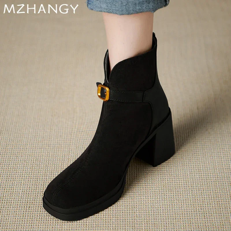 High Heels Women Snow Ankle Boots Suede Designer Shoes Chunky Winter Chelsea Boots 2024 Trend Fashion New Goth Botas De Mujer