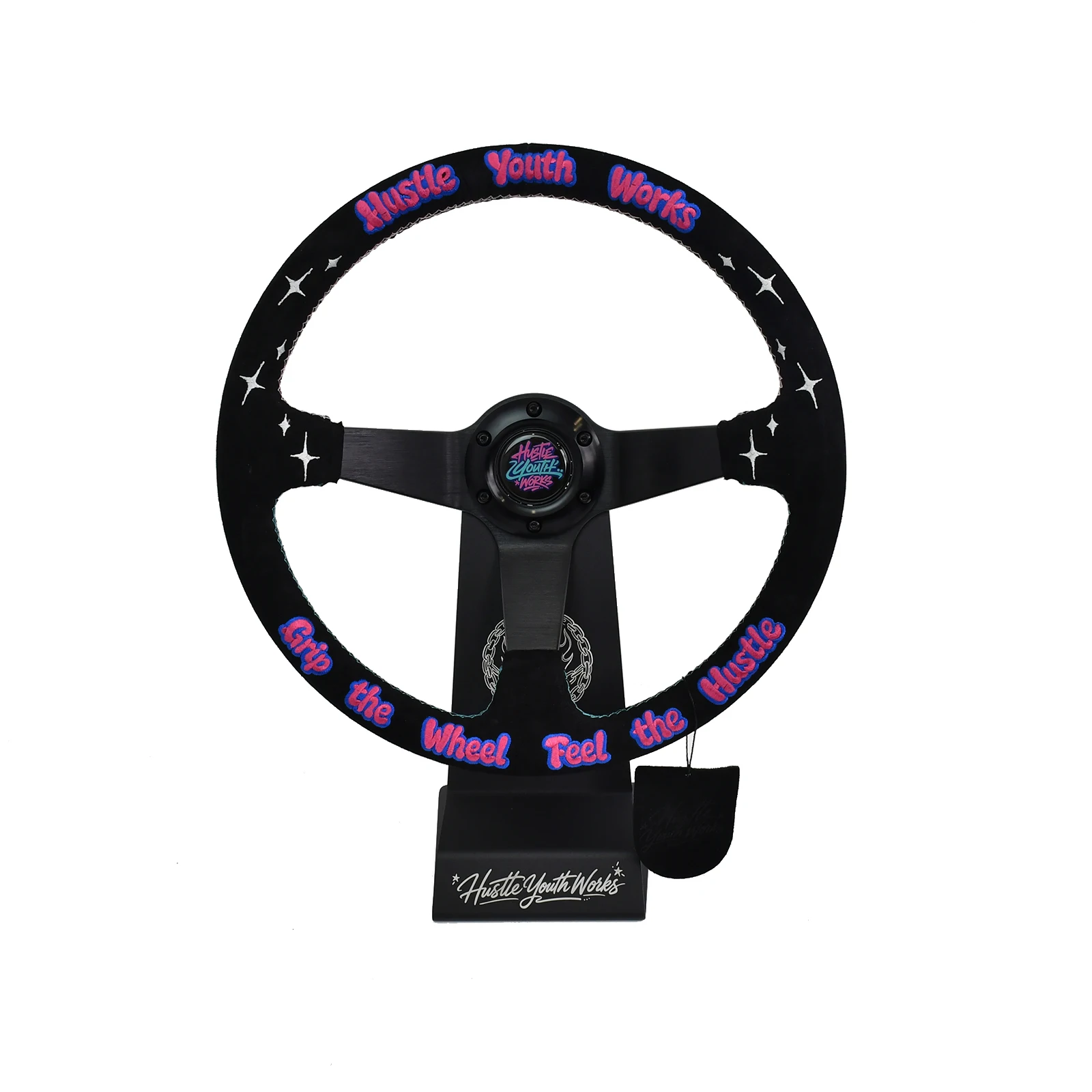 Retro Street Style Suede Steering Wheel Hustle Youth Works Embroidery Text & Stars Custom Black Pink Blue JDM Car Interior