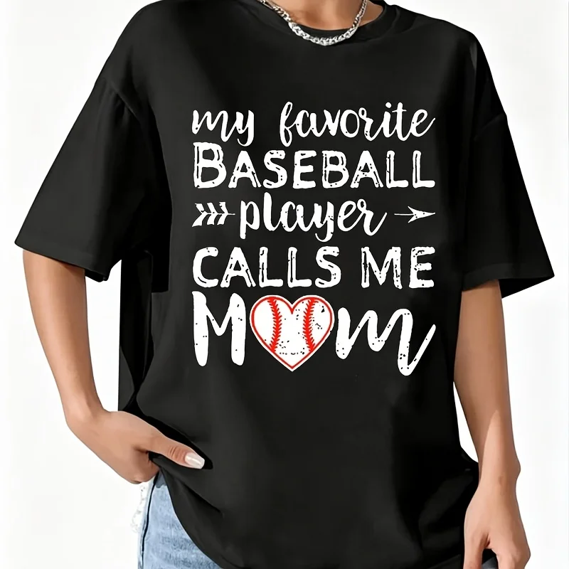 My Favorite Baseball Player Calls Me Mom Women's 100% Cotton T-Shirt Fun Print Short Sleeve Top Casual Round Neck Tee S-5Xl