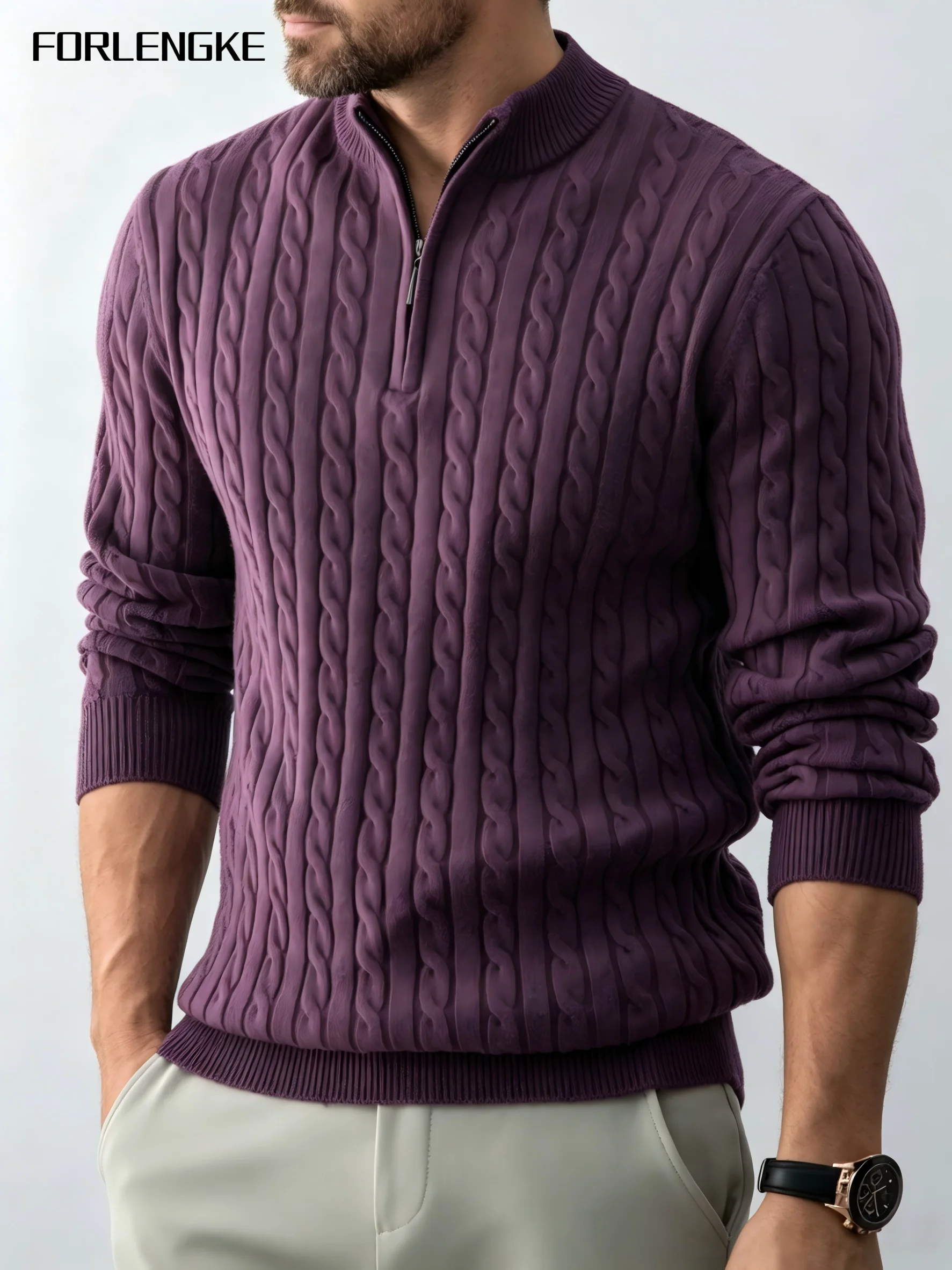 FORLENGKE Herren Business Casual Halbzip-Pullover mit Stehkragen, Weicher Warmer Acryl-Langarm-Pullover für Herbst und Winter – Detail 3