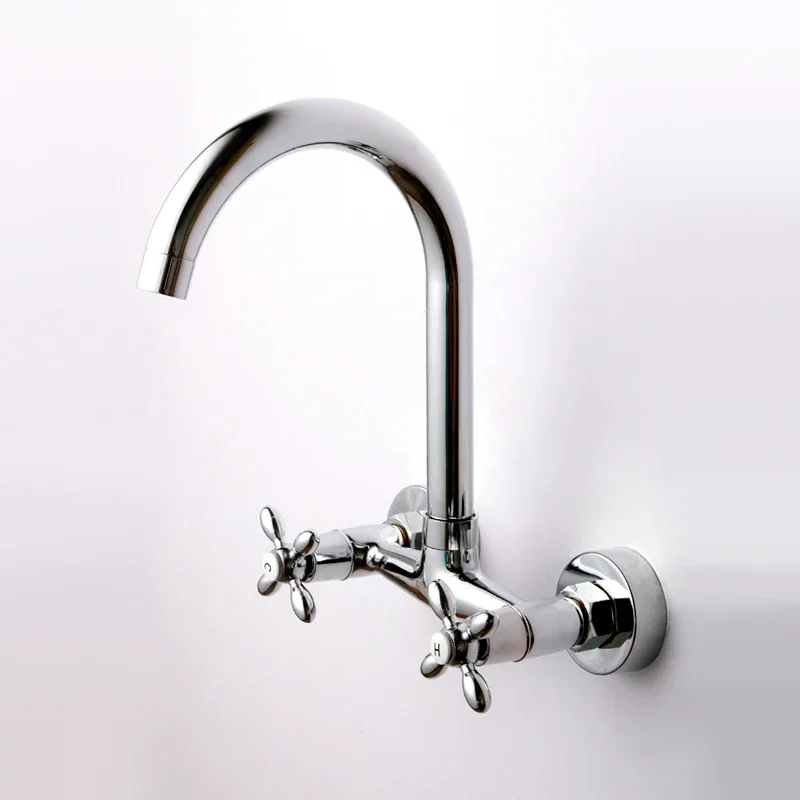 Wall Mounted Kitchen Faucet Copper Dual Handle Basin Faucet Hot and Cold Wash Basin Mixer Tap Balcony Laundry Pool Mixing Valve