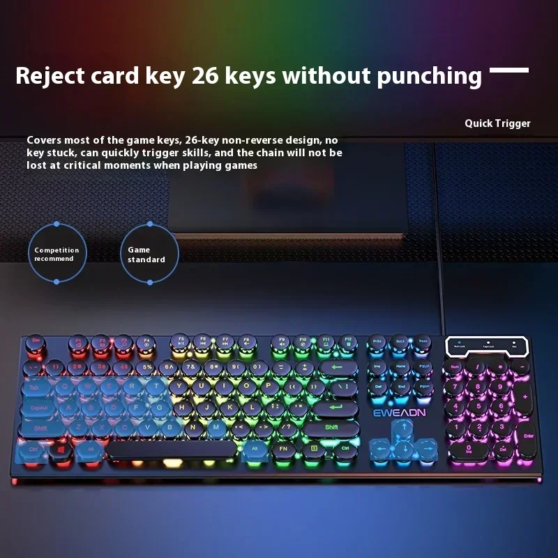 Eweadn Wired Retro Round Punk Mechanical Keyboard 104 Keys Usb Gaming Keyboard Rgb Backlit Pc Laptop Player Accessories