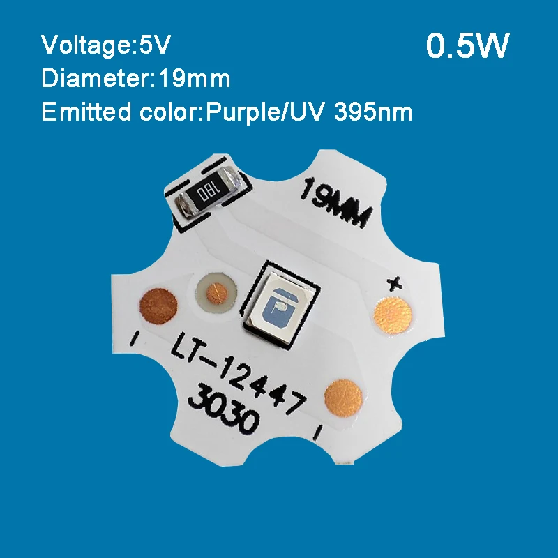 แผง395nm UV สีม่วง DC 5V 19มม. 10ชิ้นแหล่งกำเนิดแสง