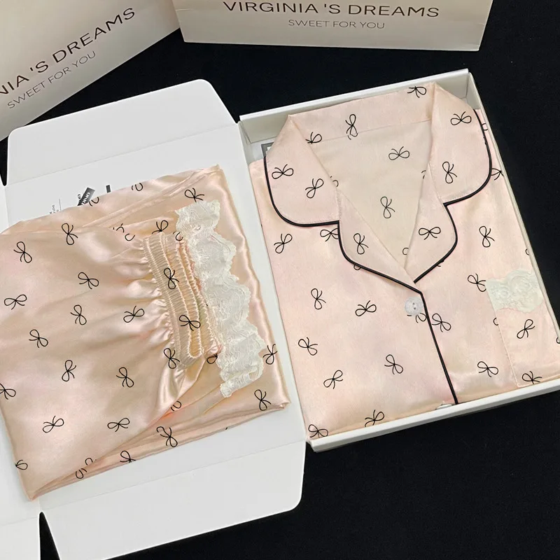 New Summer Women's Bow-Tie Style Lightweight Silk-Feel Short-Sleeve Pants Cooling Sleepwear Set Girls' Style Casual Loungewear