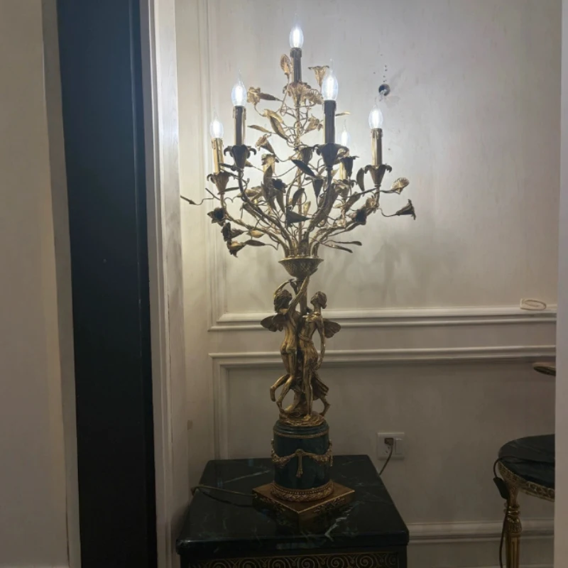 European style copper column table for bedroom and living room electric desk and bedside with E14 foam base