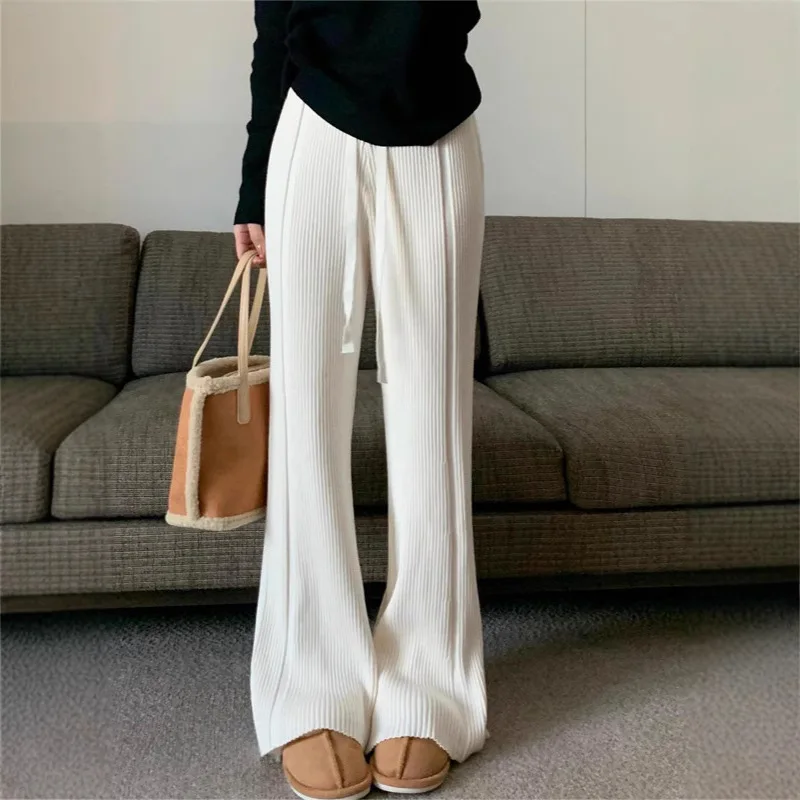 

Женские осенние новые стильные утягивающие повседневные брюки из пряжи в корейском стиле с высокой талией и шнурком, вязаные широкие брюки, свитер