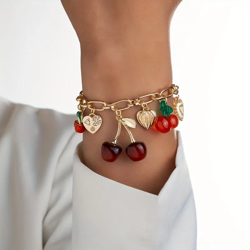 Cute Handmade Bow Heart Cherry Bracelet Golden Color Chunky Chain Fashionable Charm Bangle Jewelry Gifts